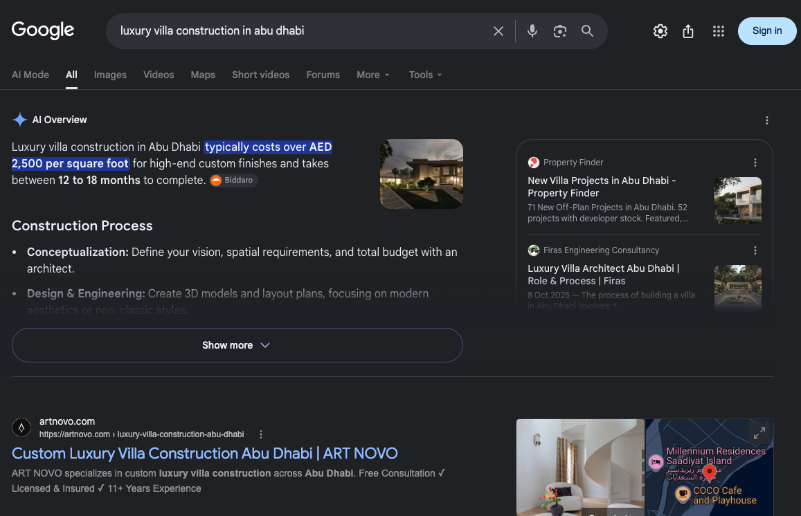 Google results showing ART NOVO for luxury villa construction in Abu Dhabi