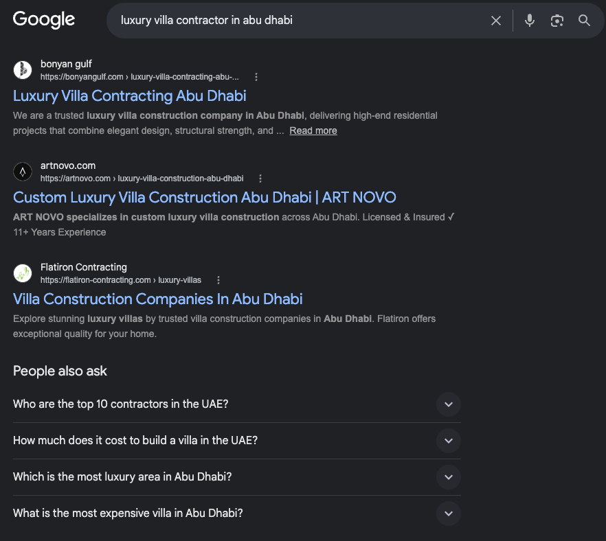 Google results showing ART NOVO for luxury villa contractor in Abu Dhabi